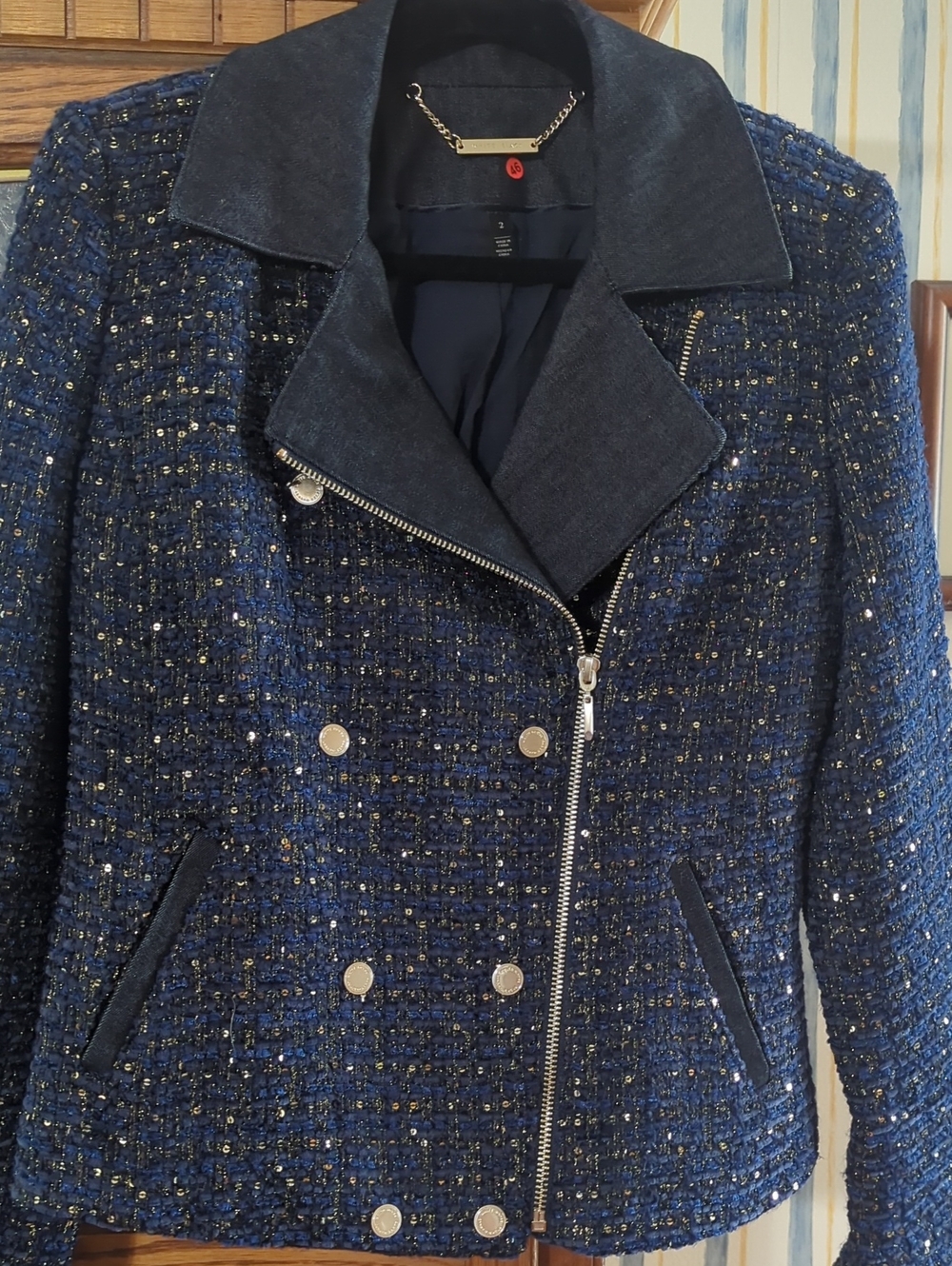 White House Black Market Navy Tweed Moto Blazer with Gold Threading